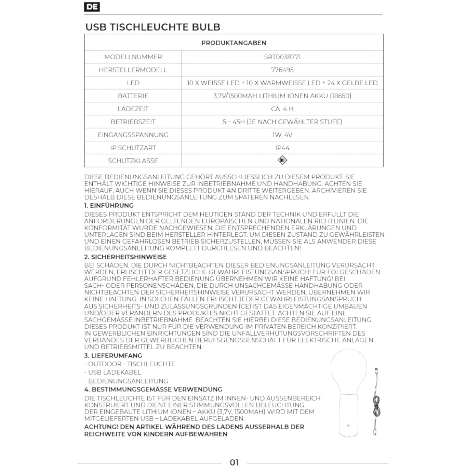 USB-Outdoor-Tischleuchte Glühbirne