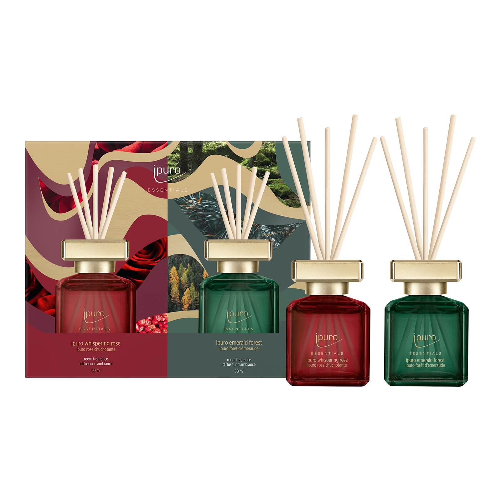 ipuro ESSENTIALS Raumduft-Set Whispering Rose & Emerald Forest