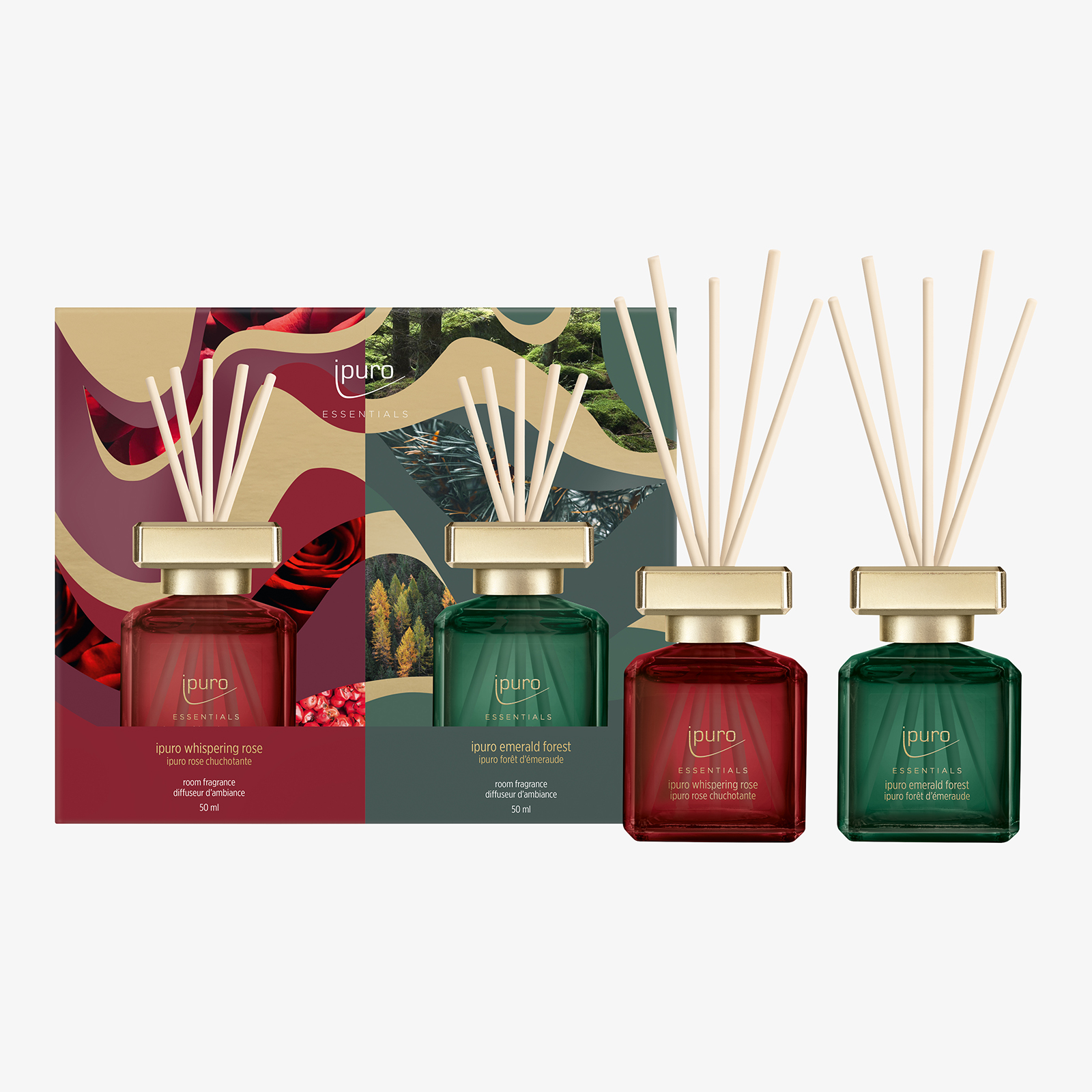 ipuro ESSENTIALS Raumduft-Set Whispering Rose & Emerald Forest