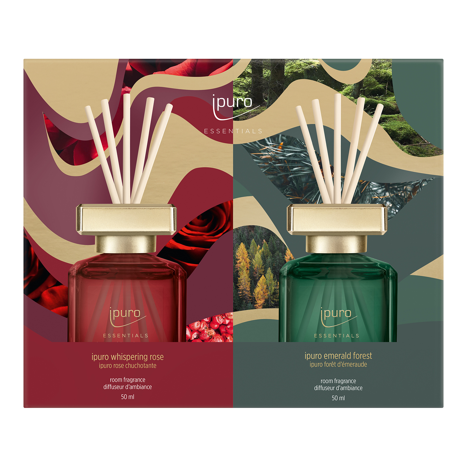 ipuro ESSENTIALS Raumduft-Set Whispering Rose & Emerald Forest