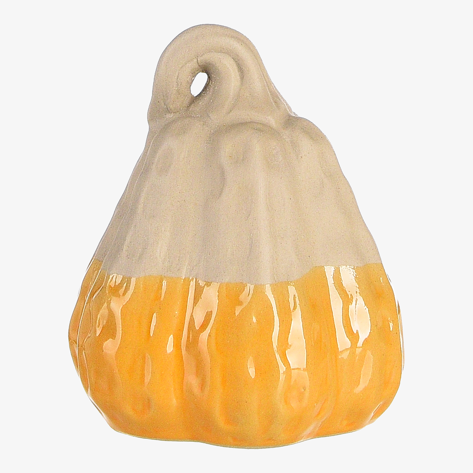 Ein birnenförmiger Kürbis aus Keramik. Oben ist er matt und beige, unten senfgelb glänzend und gerippt. Der Stiel ist gebogen.